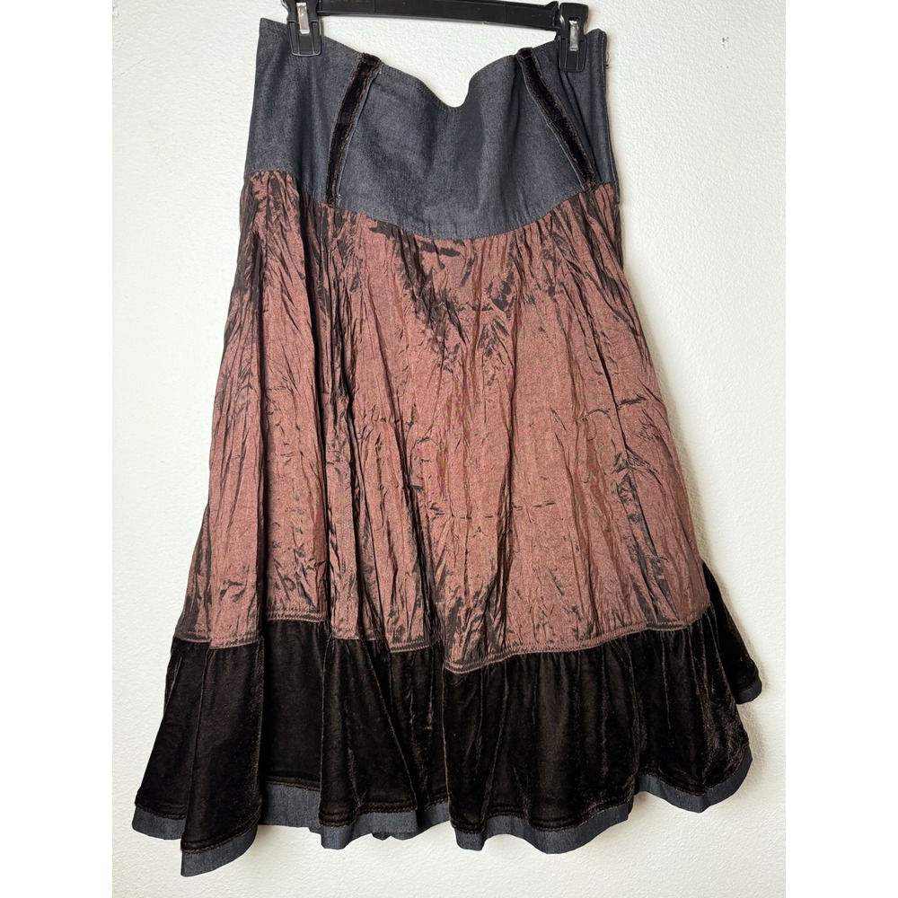 VTG Y2K‎ Brown & Denim Skirt XL Cottage Boho Gypsy Whimsigoth Tiered Festival - Picture 3 of 12